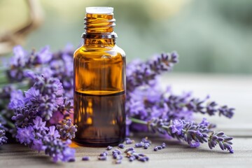 Bottle of Lavender essential oil with fresh lavender flowers on wooden table - obrazy, fototapety, plakaty