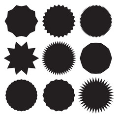 Set of vector starburst, sunburst badges. Black color different style. Simple flat style Vintage labels. Design elements. Colored stickers. A collection of different types and colors icon. 11:11