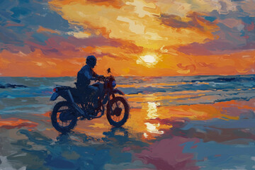 Fototapeta premium A boy riding a motorcycle by the seaside at sunset.