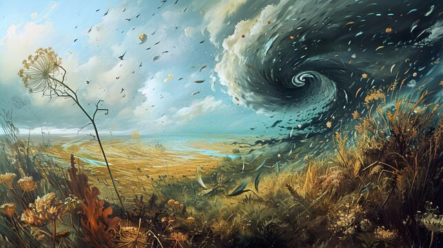 Whirlwind Harvest: A Dynamic Illustration of a Parallel Universe with Winds Carrying Seeds Across Vast Landscapes, Depicting the Cyclical Nature of Ecosystems