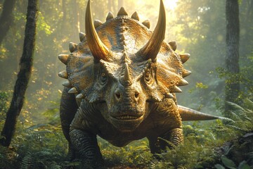 Realistic prehistoric scene: Herbivorous dinosaurs like triceratops. - obrazy, fototapety, plakaty