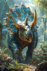 Triceratops, a herbivorous dinosaur, roams the primeval forest — prehistoric majesty.