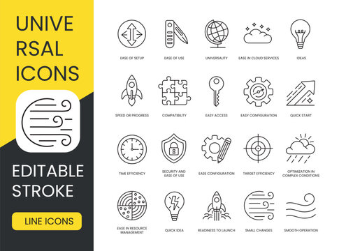 Universal Icons Set with Editable Stroke, Ease of Setup and Quick Start, Easy Configuration and Cloud Services, Ideas or Creativity, Universality and Compatibility, Speed or Progress, Target