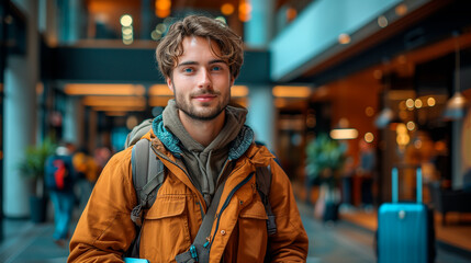 Check-in. Handsome backpacker traveller caucasian tourist 20s man with suitcase walking in hotel lobby and using travel map. - obrazy, fototapety, plakaty