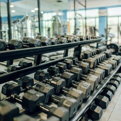 Obraz premium Black dumbbell set. Close up many rubberized dumbbells on rack in sport fitness center