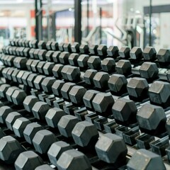 Black dumbbell set. Close up many rubberized dumbbells on rack in sport fitness center