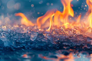 Fotobehang Close-up detail of a fire burning among the ice. --ar 3:2 --v 6 Job ID: 34259fea-21fd-4309-8b39-17d6c9f05ed8 © imlane