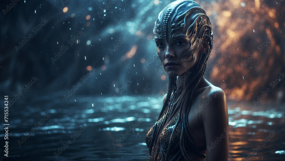 Wall mural beautiful female water alien character. alien concept. hybrid water character on futuristic backgrou