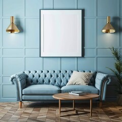 Horizontal mock-up poster, modern interior design, tufted sofa, blue wall background