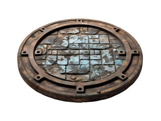 Weathered Manhole Cover, isolated on a transparent or white background