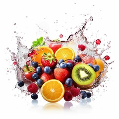 Fresh fruits, juice splashing, splashing, white background