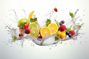 Fresh fruits, juice splashing, splashing, white background