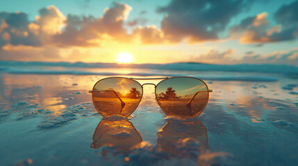 a sunglass placed in the center of the frame among the sea waves at the beach.