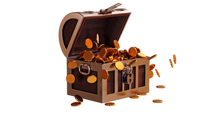 Open wooden treasure box metal edge open and full fill with golden coin shiny and glossy front view 3D rendering