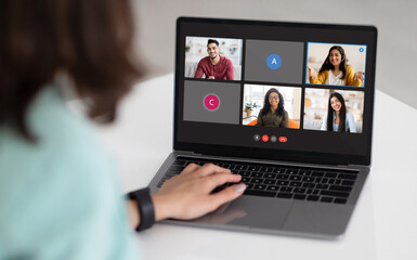 Businesswoman have video call with business partners, using laptop
