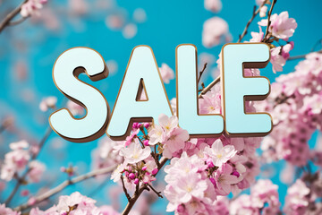  Inscription sale on a background of a blooming tree and blue sky. Concept of spring discounts and promotions in stores. Buying and selling. Shopping time.