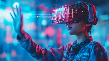 Naklejka premium Female student wearing virtual reality vr goggles is using augmented reality technology. Futuristic cyberspace