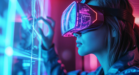 Young woman wearing virtual reality vr goggles is using augmented reality technology