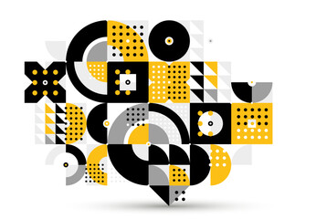 Abstract geometric vector modular background, retro 70s modernism style pattern, modular tiles with dots, spotty pattern with circles squares and triangles. - obrazy, fototapety, plakaty