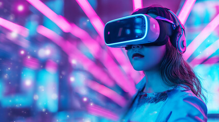 Female student wearing virtual reality vr goggles is using augmented reality technology