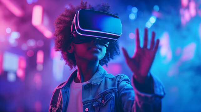 Female student wearing virtual reality vr goggles is using augmented reality technology