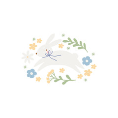 Spring floral cartoon print with cute bunny. Happy Easter print in flat style and pastel colors. 