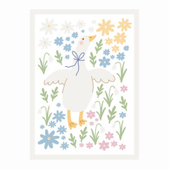 Spring cartoon pattern with cute goose. Happy Easter print in flat style and pastel colors