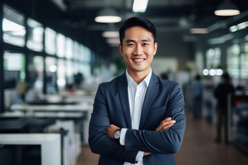 Fototapeta premium Happy confident asian american businessman in office looking at camera