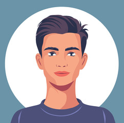 Young man vector avatar icon for social network. Sideways pose portrait. Vector flat illustration on blue background. Simple style