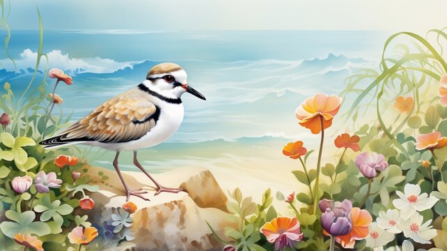 Beautiful bird with flowers watercolor painting image illustration background