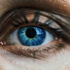 Close-up of woman's blue eye. High Technologies in the futuristic