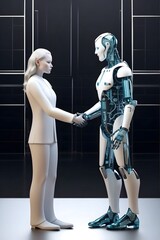 Handshake human and android. Businessman and artificial intelligence shaking hands. Generative AI