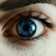 Close-up of woman's blue eye. High Technologies in the futuristic