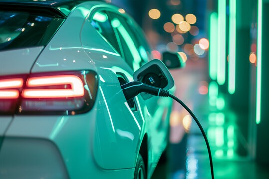 Electric Car Recharge at Power Station, Clean and Sustainable City Electric Transportation, EV Clean Energy.