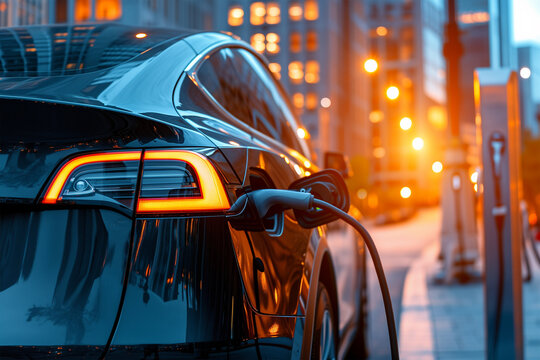 Electric Car Recharge at an Power Station. Clean and Sustainable City Transportation.