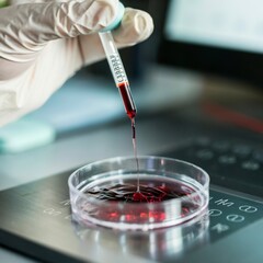 Medical laboratory. A hand in a medical glove pours blood into a petri dish for analysis. Laboratory tests