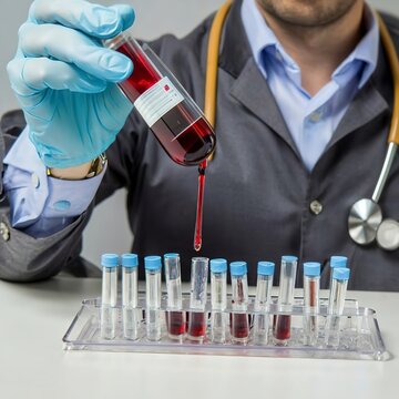 Medical laboratory. A hand in a medical glove pours blood into a petri dish for analysis. Laboratory tests