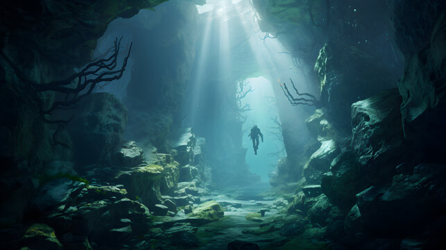 Illusional depths high quality ultra hd 8k hdr Free Photo,,
Underwater cave in fantasy underwater world digital illustration