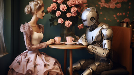 Lovers robot Sitting in restaurant. Loving couple cyborg and Girl. romantic Romantic relationship. Love and robot illustration