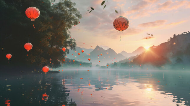 Red chinese paper lanterns floating over water on a mountain.