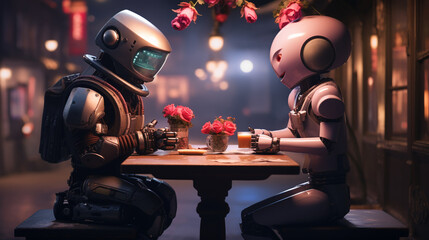 Lovers robot Sitting in restaurant. Loving couple cyborg and Girl. romantic Romantic relationship. Love and robot illustration