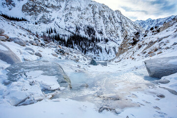 Fototapeta na wymiar Snow mountain landscape. Ala Archa National Park. Tian Sian in winter.