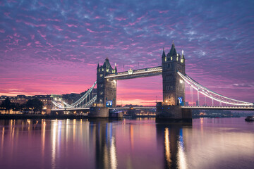 Tower Bridge at colorful dawn. Urban skyline of London, United Kingdom..