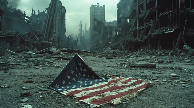 An American flag is shown falling to the ground against the backdrop of a war-torn city, war.