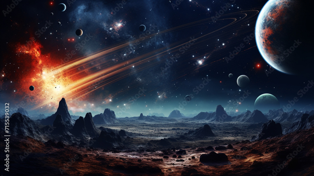 Wall mural illustration of a planet landscape with planets in space. created with generative ai