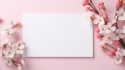 Delicate pink cherry blossoms framing a blank white card on a soft pink background.