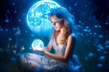 Naklejka premium Beautiful girl on a night with a magic ball. Astrology and Zodiac Concept. Generative Ai.