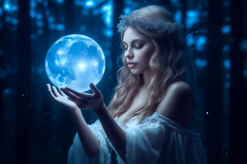 Naklejka premium Beautiful girl on a night with a magic ball. Astrology and Zodiac Concept. Generative Ai.
