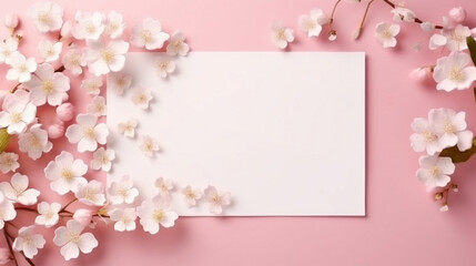A white blank card surrounded by delicate cherry blossoms on a pastel pink background.
