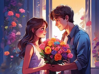 Illustration eines verliebten Pärchens wo der Junge seiner Freundin einen Blumenstrauß zum Valentinstag schenkt - obrazy, fototapety, plakaty